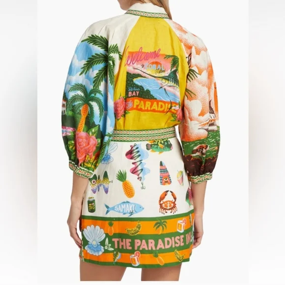 475$ ALEMAIS PARADISO MINI DRESS SIZE 0US Tropical Print Shirt Dress - Picture 4 of 4